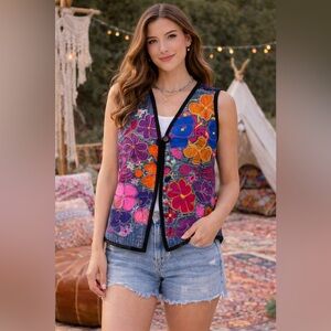 Vintage Guatemalan Hand Embroidered Floral Vest Purple Boho Artisan Size Large